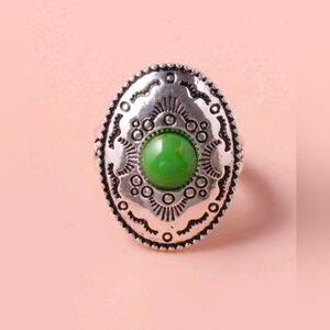 Faux Vintage-Inspired Silver Ring with Green Gem